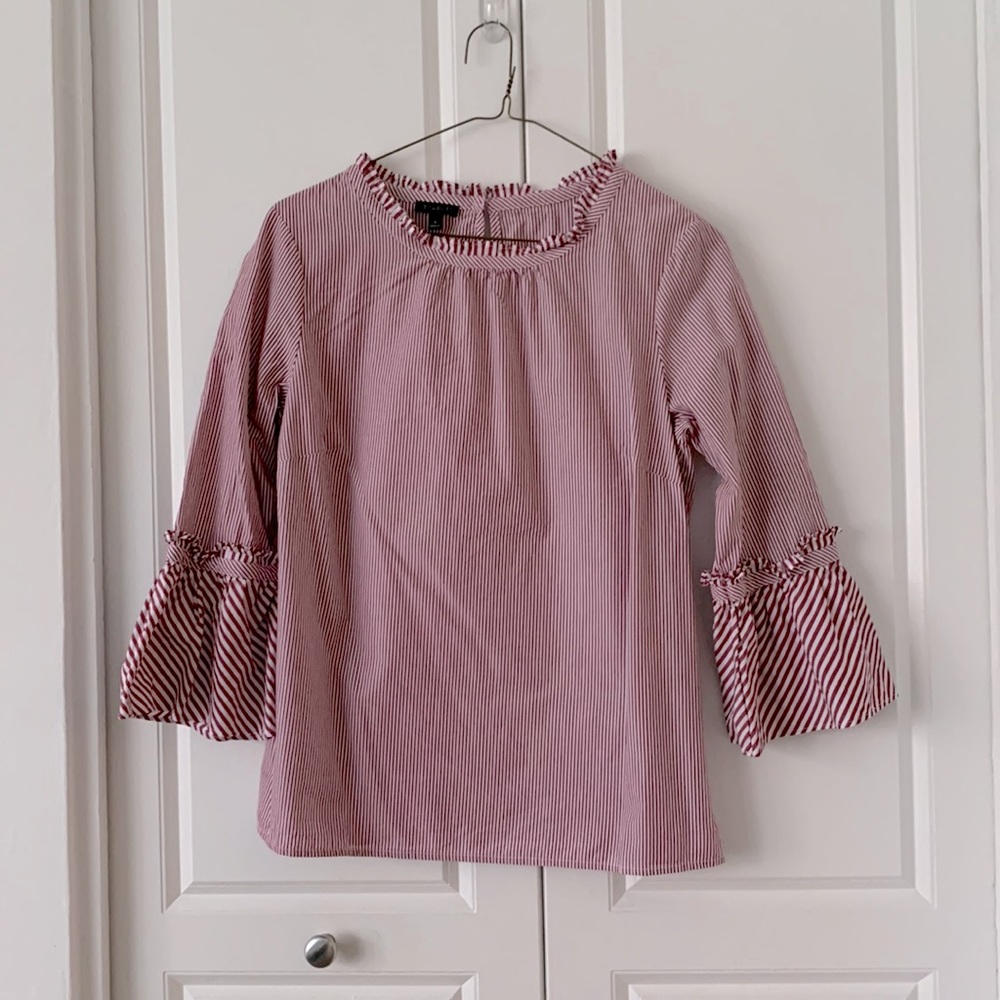 Red and White Stripe 3/4 Sleeve Ruffled Talbots Blouse Size Small hidden zipper